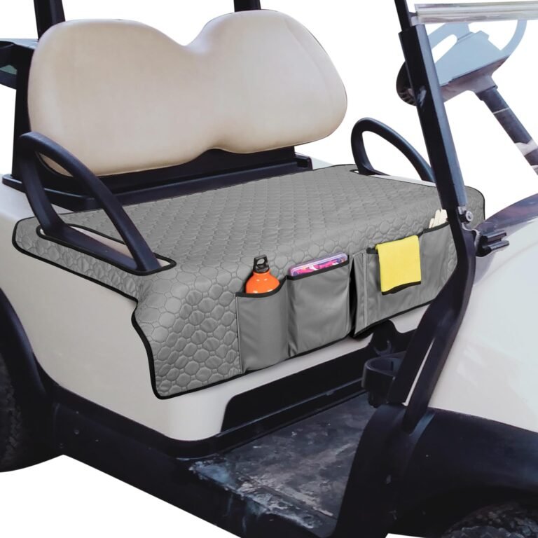Golf cart seat cover with pockets holding water bottle, towel, and phone