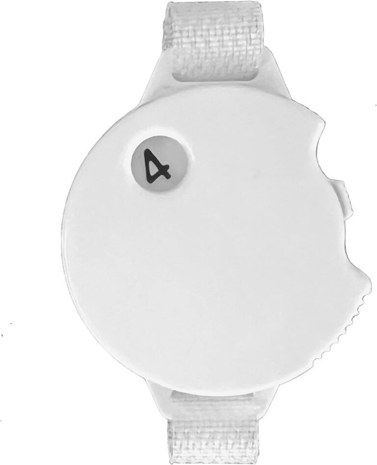 White wearable device with a bite taken out, and a black "4" on it