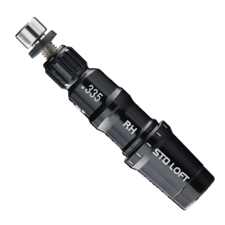 Black golf club adapter with adjustable loft settings and screw