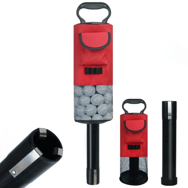 Golf ball retriever with red bag, handle, and black tube
