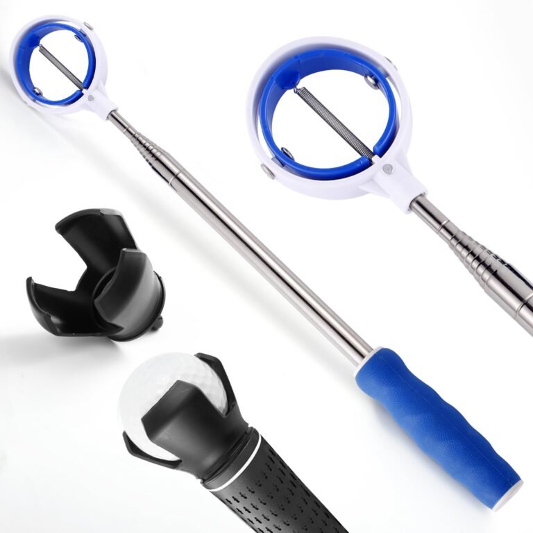 Golf ball retriever with a telescopic pole and accessories on white background