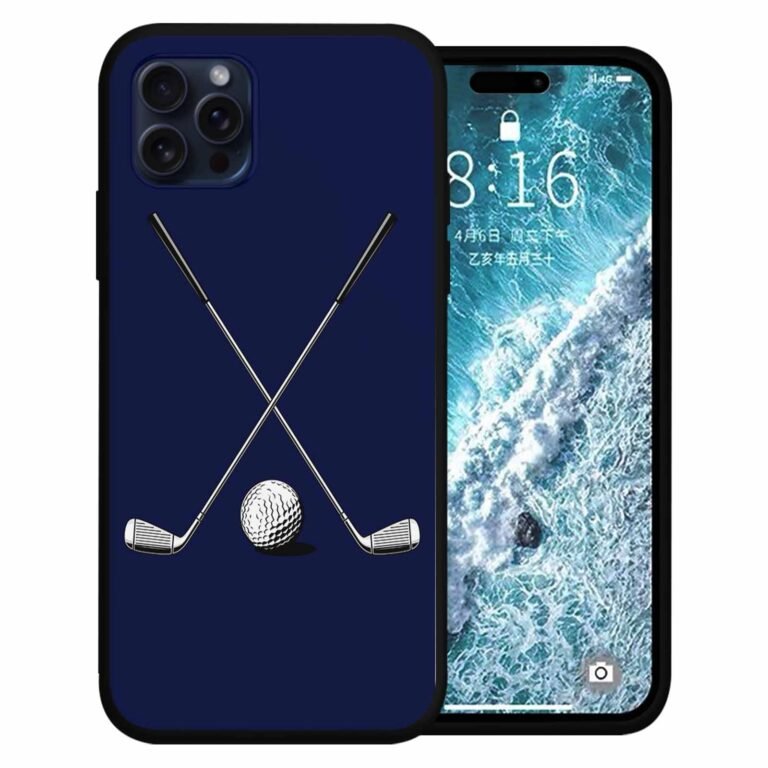 Phone with golf clubs and ball on the case, screen showing waves