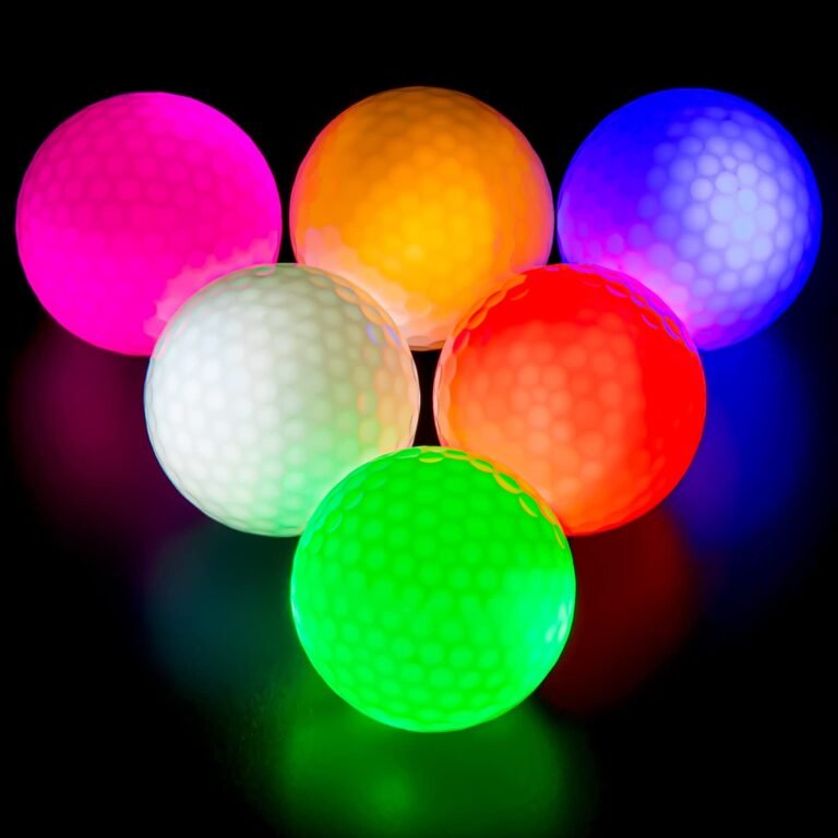 Six glowing golf balls in various colors against a black background