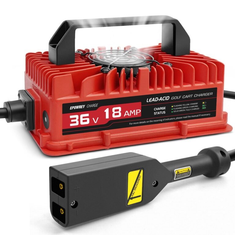 Red golf cart charger with black handle and connector, 36V, 18 AMP