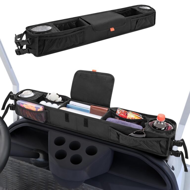 Black golf cart organizer with compartments, holding golf balls and drinks