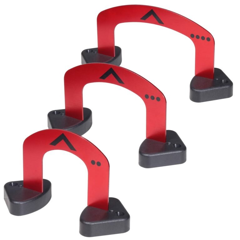 Three red arches with black bases, arrows, and dots