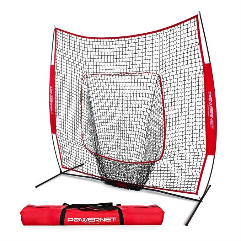 Baseball training net with red accents and carrying bag