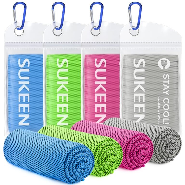 Four cooling towels in clear pouches with carabiner clips