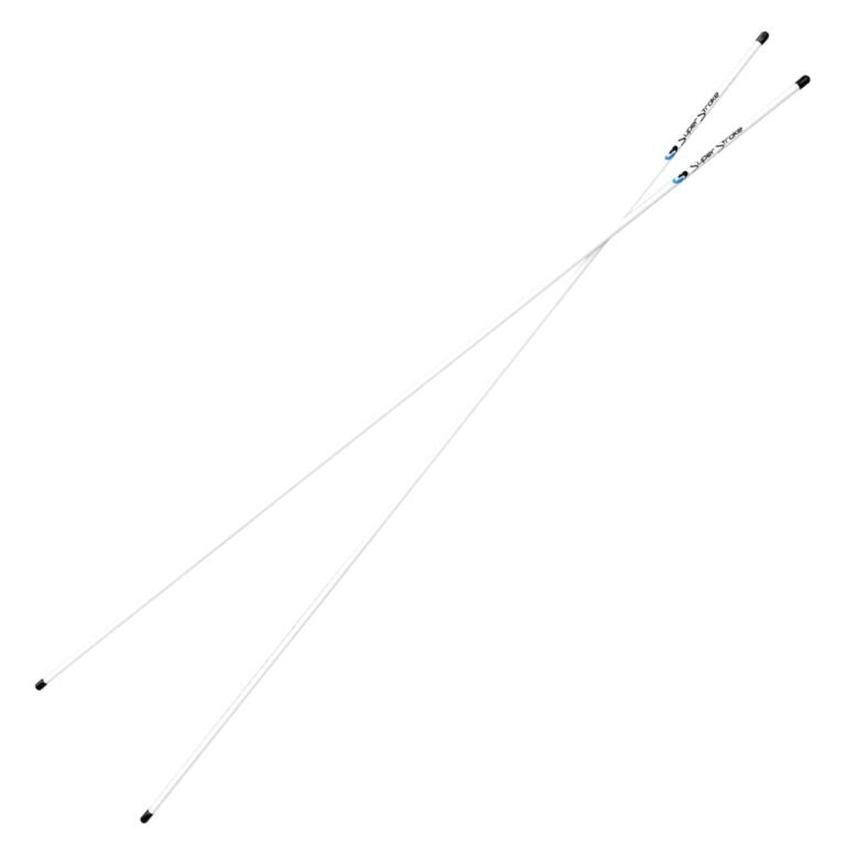 Two white Super Stroke golf alignment sticks crossing each other