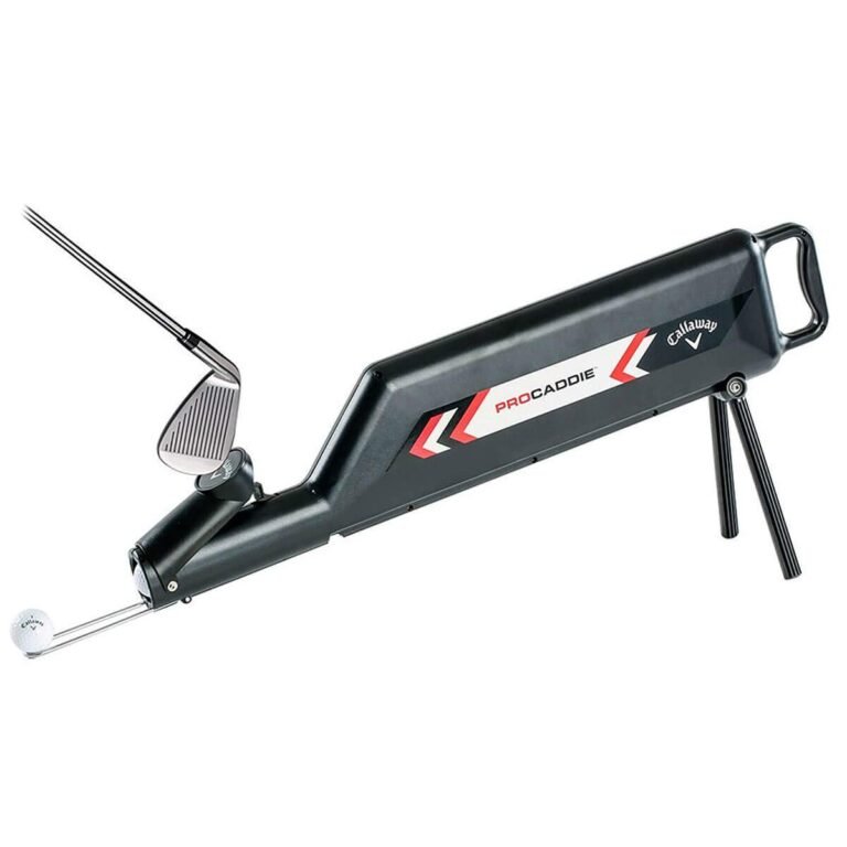 Callaway ProCaddie golf training aid with club, ball, and tripod legs