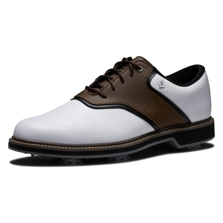 White and brown leather golf shoe with laces and spikes