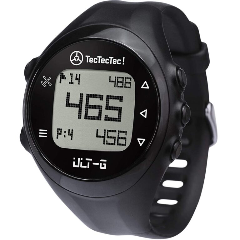 Black TecTecTec! golf watch with digital display showing numbers