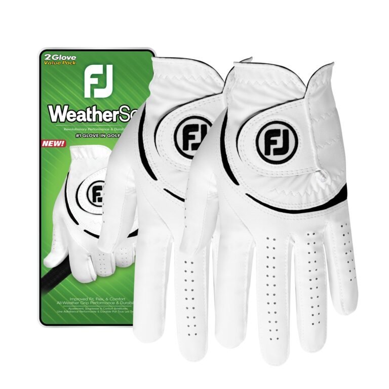 Two white FootJoy WeatherSof golf gloves with packaging