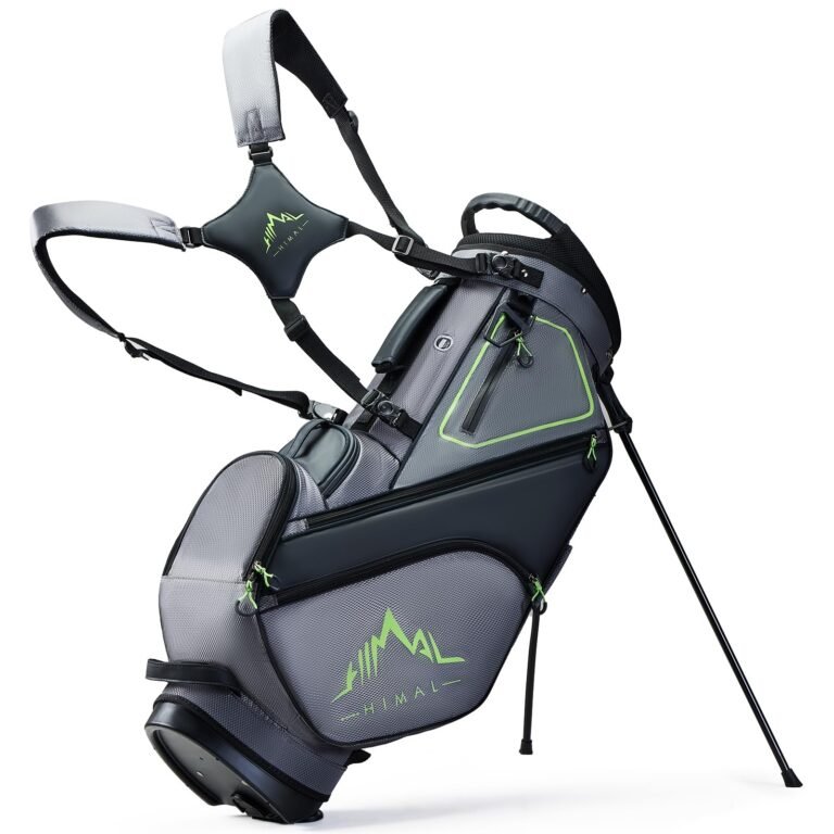 Gray and black golf bag with green accents and stand