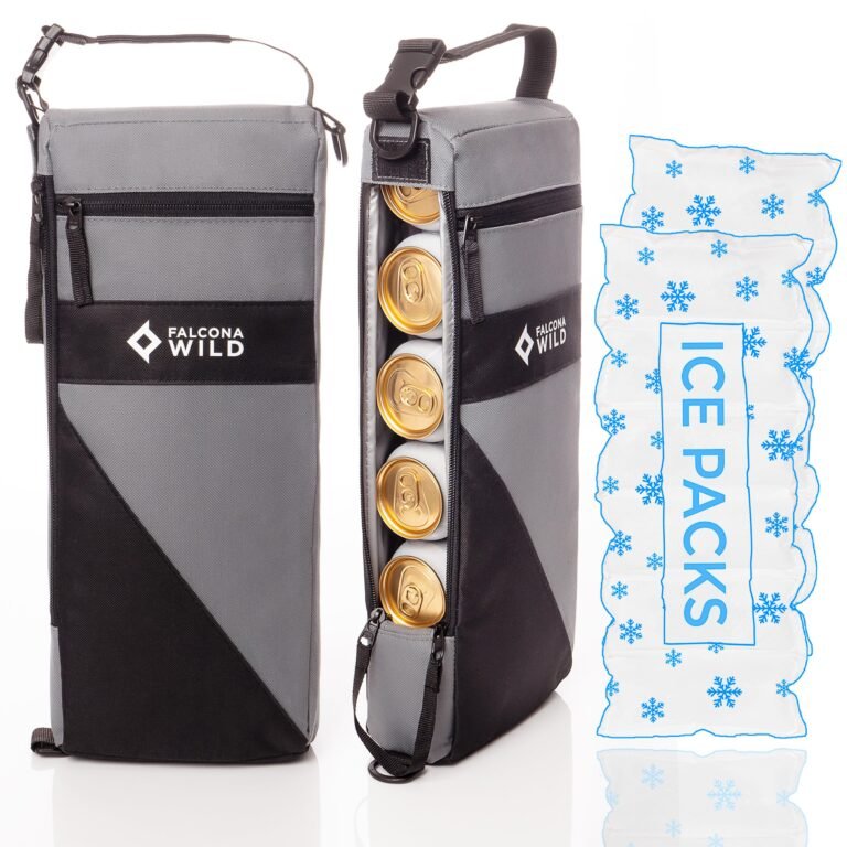 Gray and black insulated cooler bag with cans and ice packs