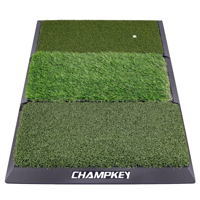 Champkey golf practice mat with three different turf textures and a golf ball