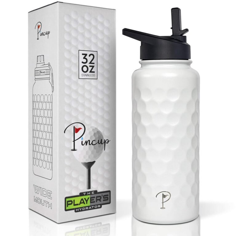 White golf ball-textured water bottle with box, "Pincup" branding, and black lid