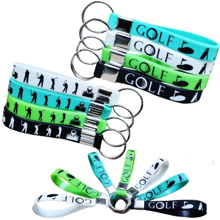 Golf-themed keychains in various colors, featuring golf ball and golfer silhouettes