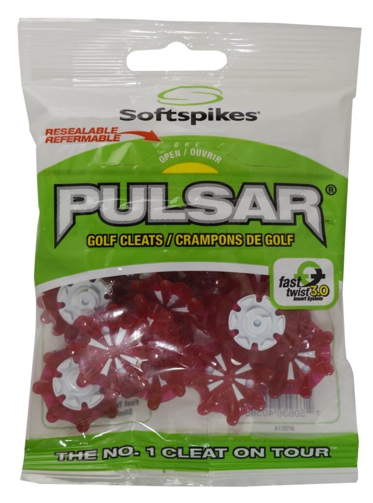Pulsar golf cleats in a clear plastic package with green and white labeling