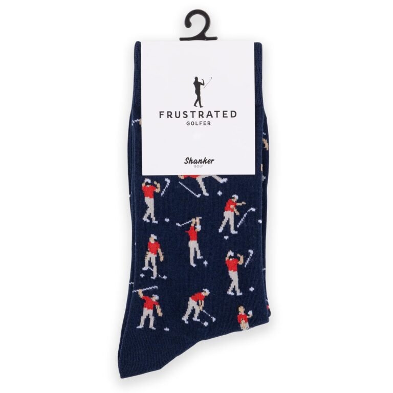Blue socks with golf player pattern and "Frustrated Golfer" label