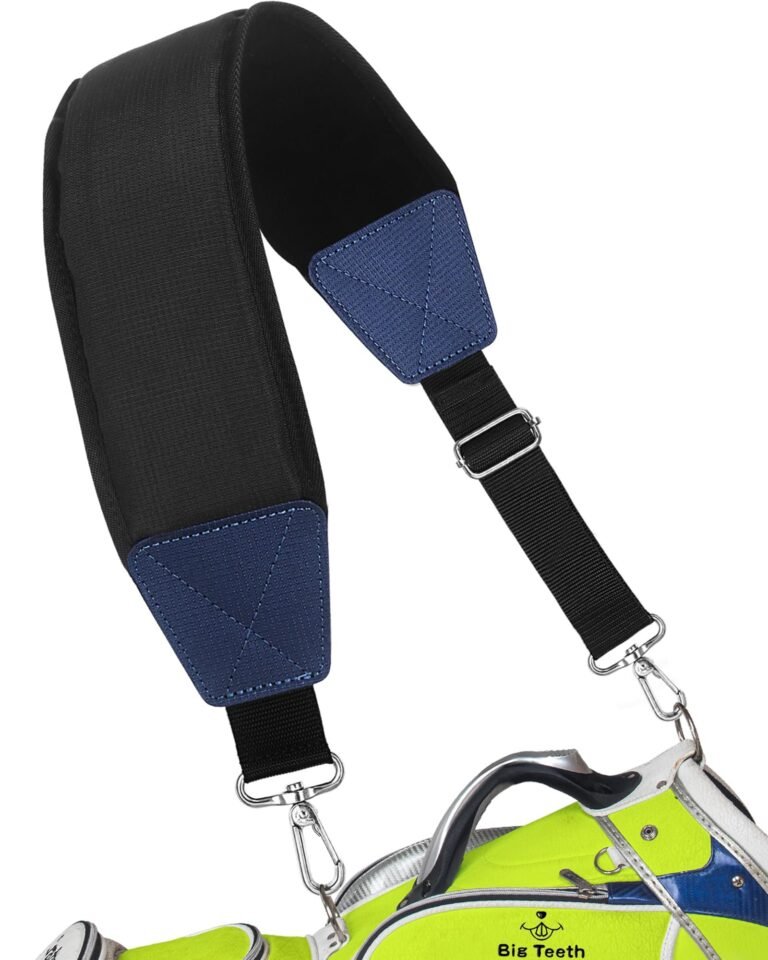 Black and blue golf bag strap with metal clips and a neon green bag