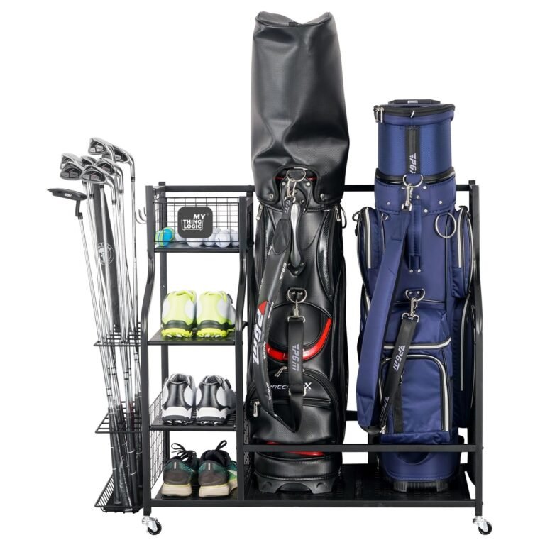 Golf club organizer with golf bags, shoes, and golf balls on a rolling cart