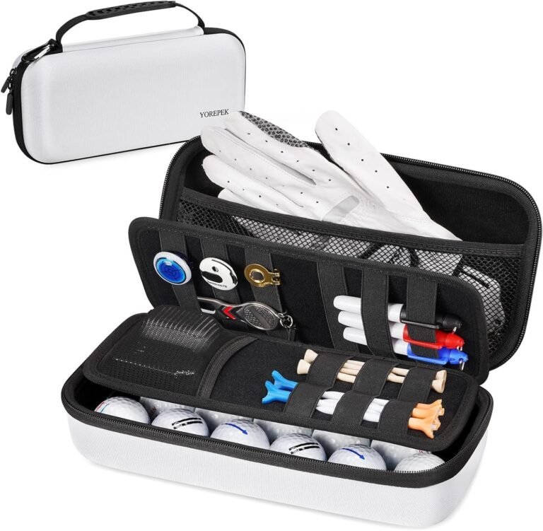 White golf accessories case with golf balls, gloves, and tools