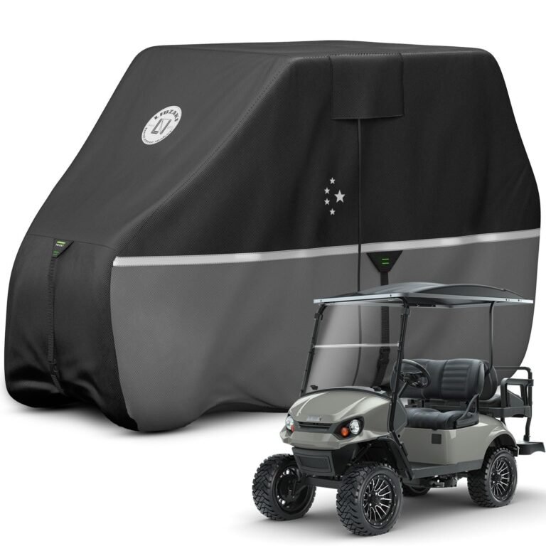 Golf cart with cover, black and gray, with stars and logo