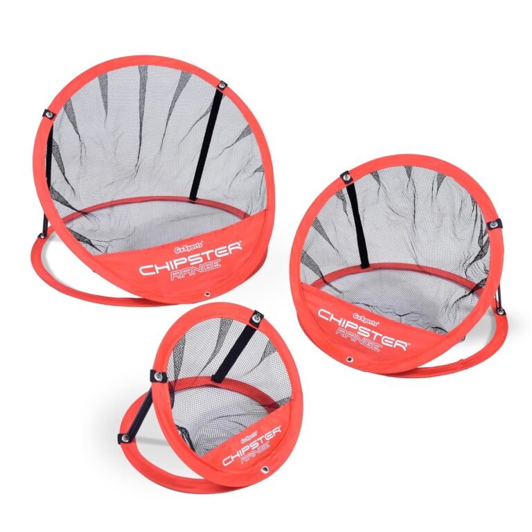 Three red and black golf chipping nets on a white background