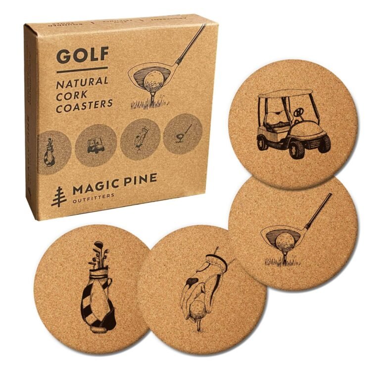 Golf coasters with golf-themed illustrations and a cardboard box