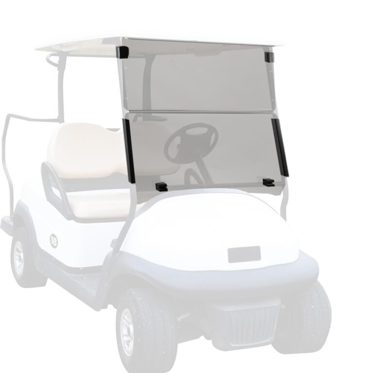 White golf cart with a tinted windshield and black frame