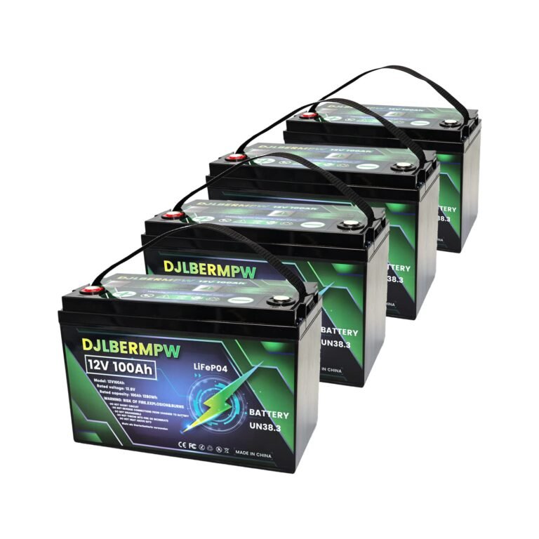 Four black DJLBERMPW 12V 100Ah batteries with carrying handles, stacked