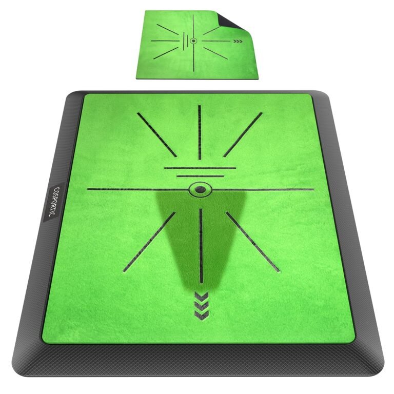 Green golf practice mat with alignment lines and a smaller version