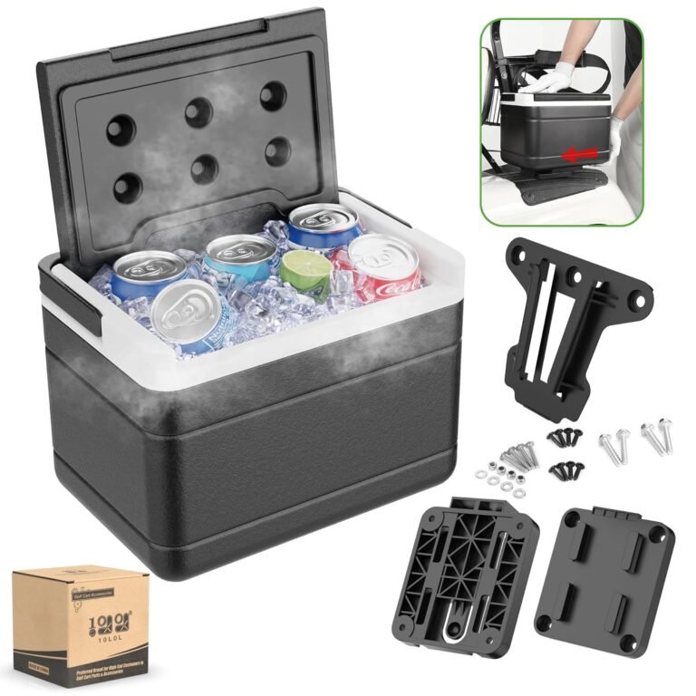 Black cooler with drinks, mounting hardware, and golf cart installation example
