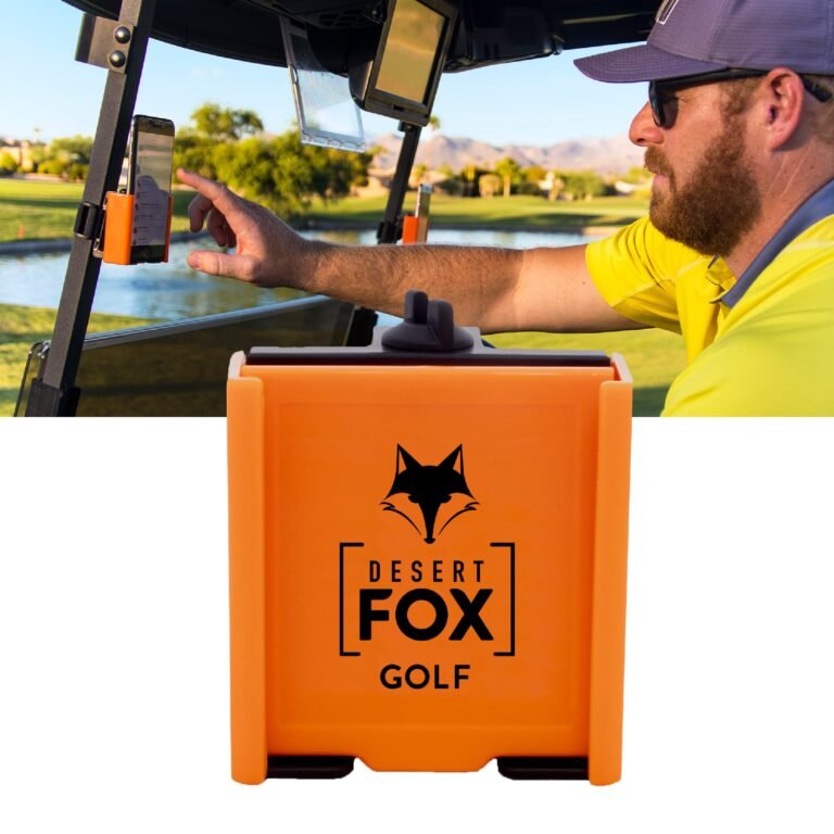Man on golf cart using phone in Desert Fox Golf holder