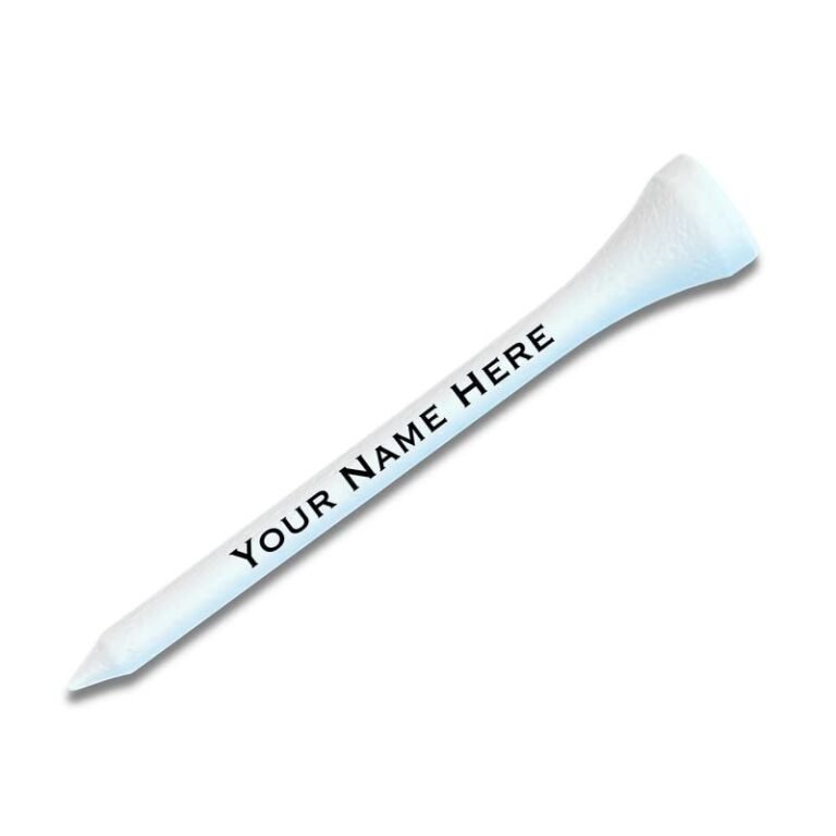 White golf tee with "Your Name Here" printed on it