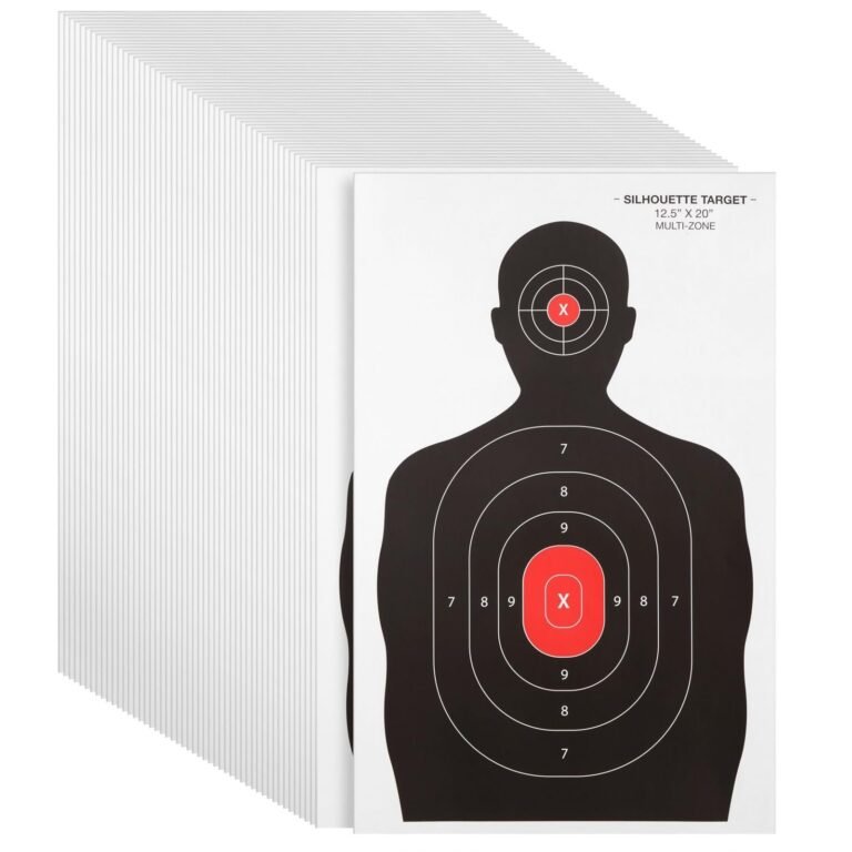 Stack of silhouette shooting targets with red and black concentric circles