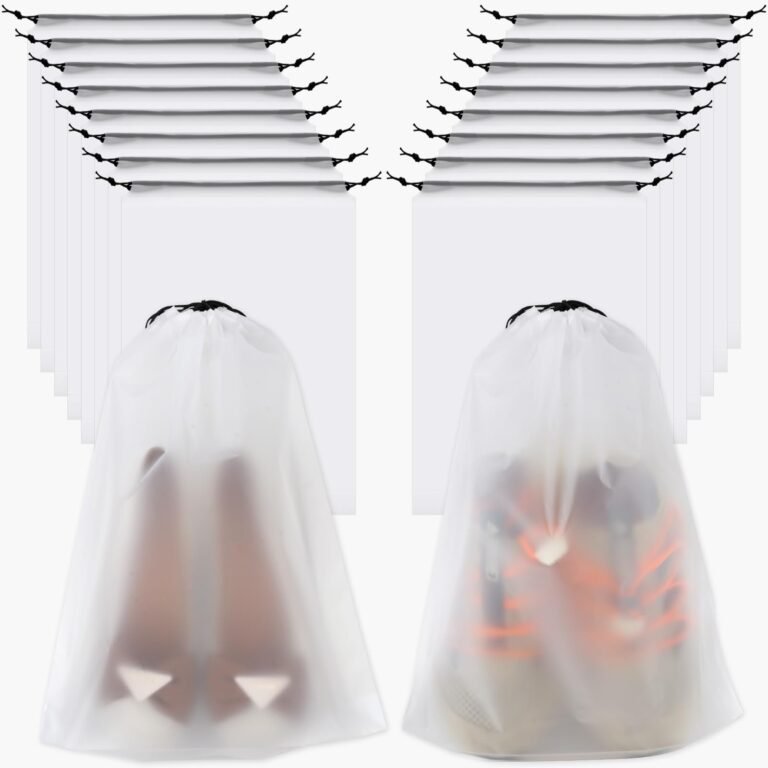 Shoe storage bags with drawstring closures, and pairs of shoes inside