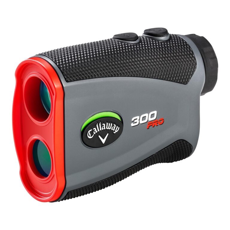 Callaway 300 Pro golf rangefinder, gray and red, with textured grip