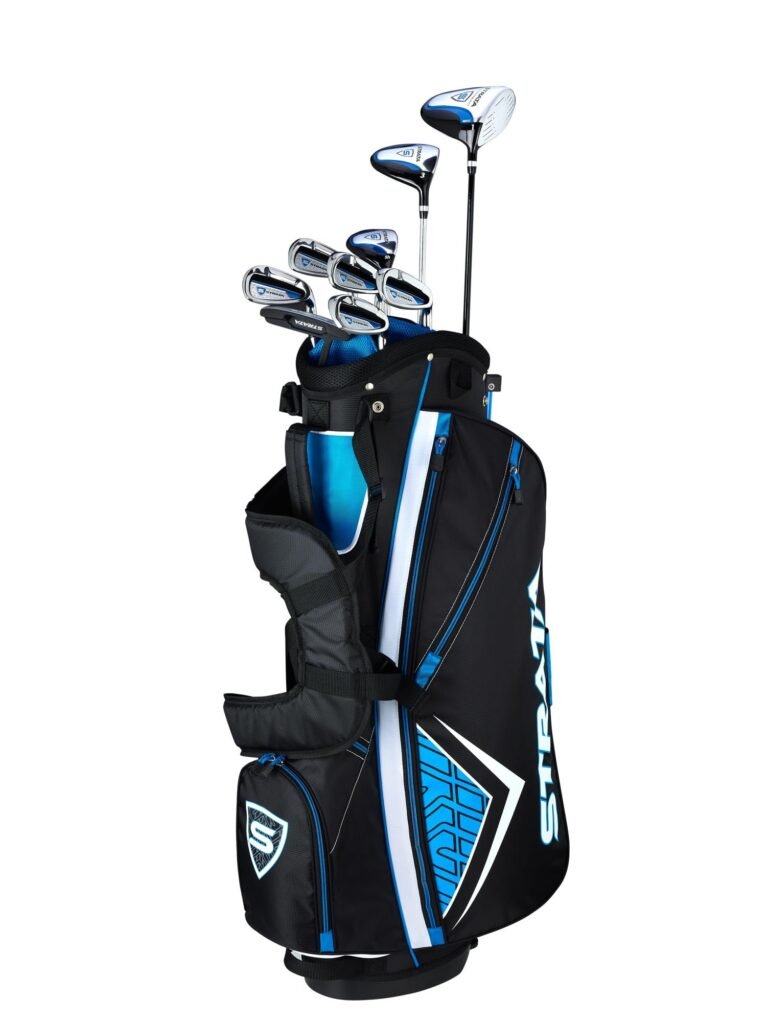Black and blue Strata golf bag with clubs on a white background