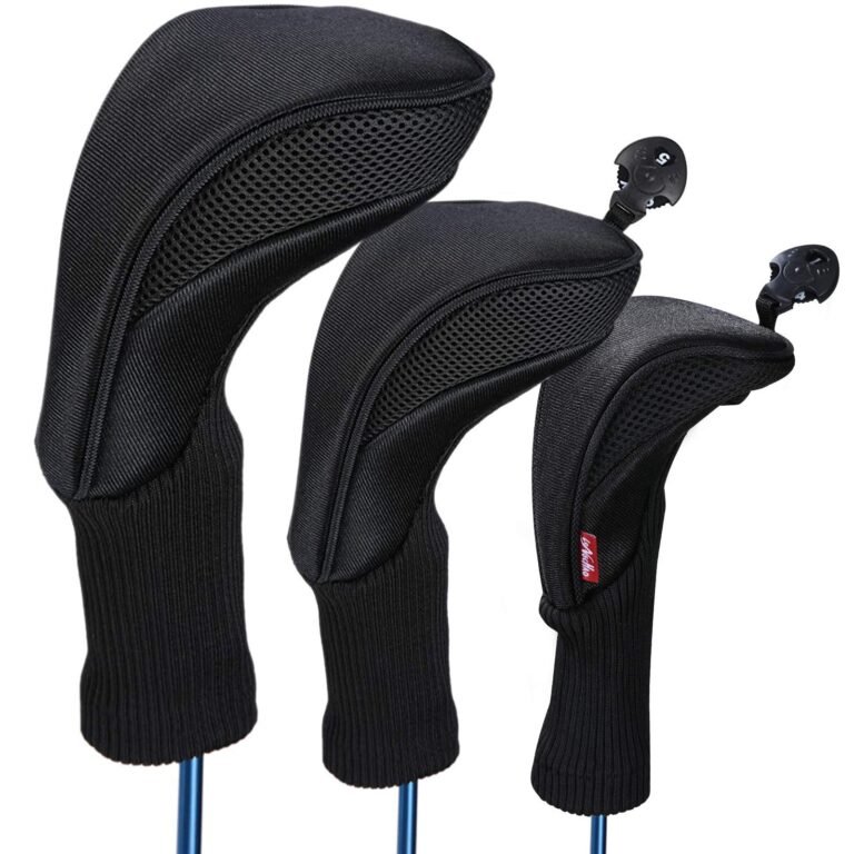 Three black golf club head covers with mesh and number tags