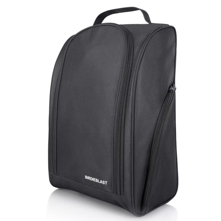 Black Birdieblast golf shoe bag with multiple zippers and a handle
