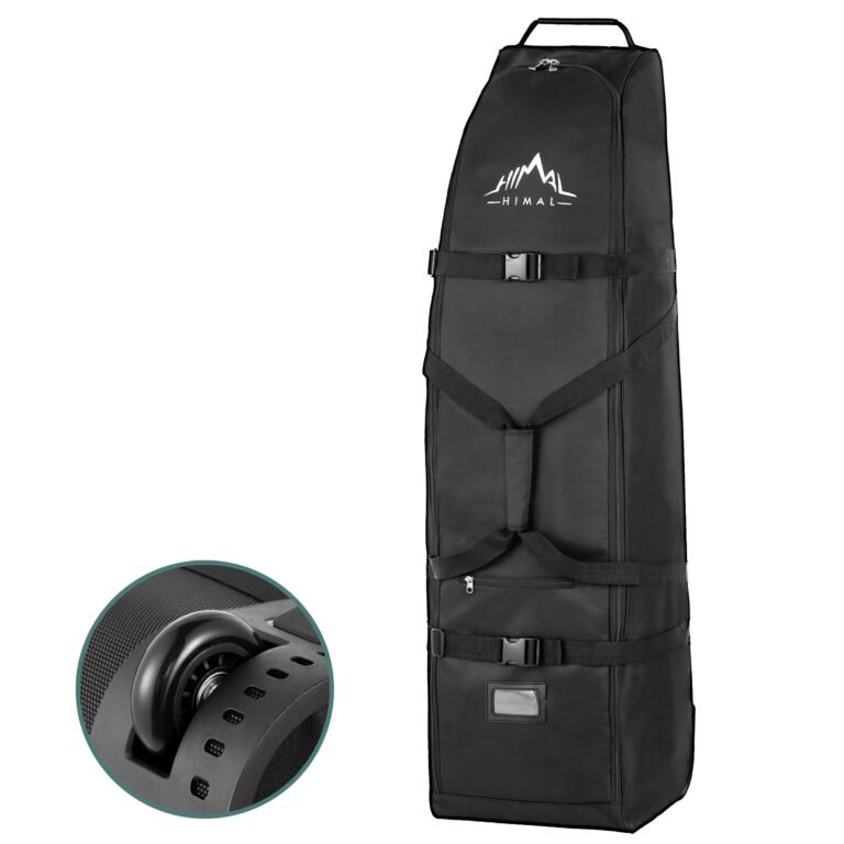 Black HIMAL golf travel bag with wheels, straps, and handle