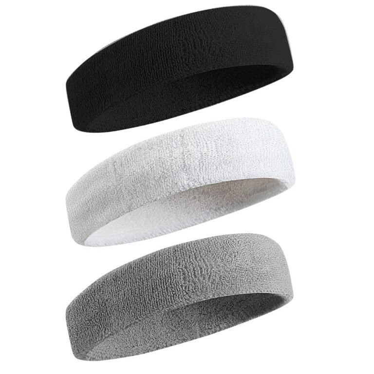 Three terry cloth headbands in black, white, and gray, stacked on white background