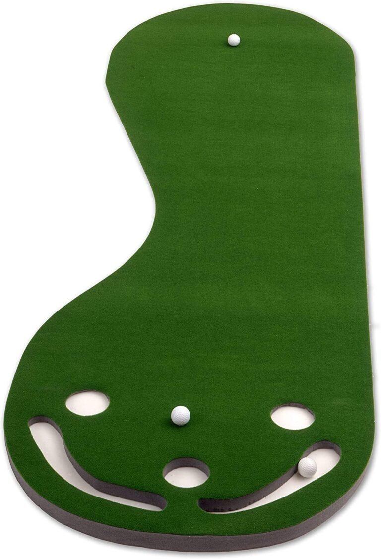 Green putting mat with golf balls near the holes