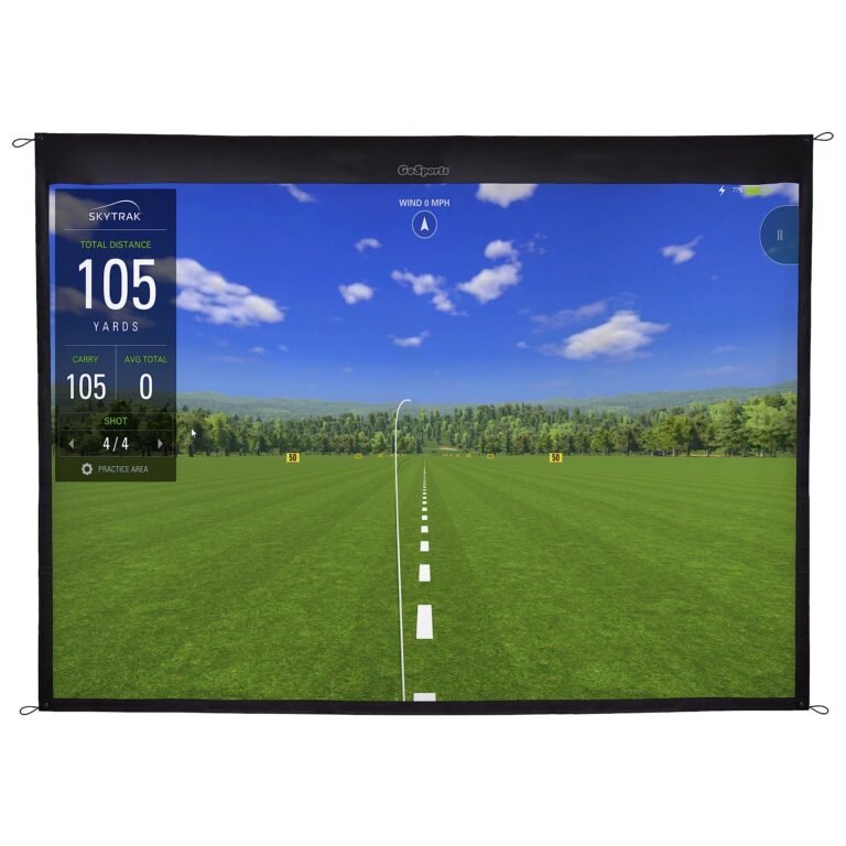 Golf simulator screen displaying a golf course with distance and shot data