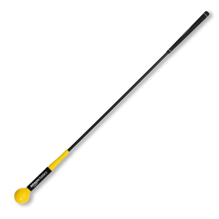Amazon Basics golf swing trainer with yellow ball and black shaft