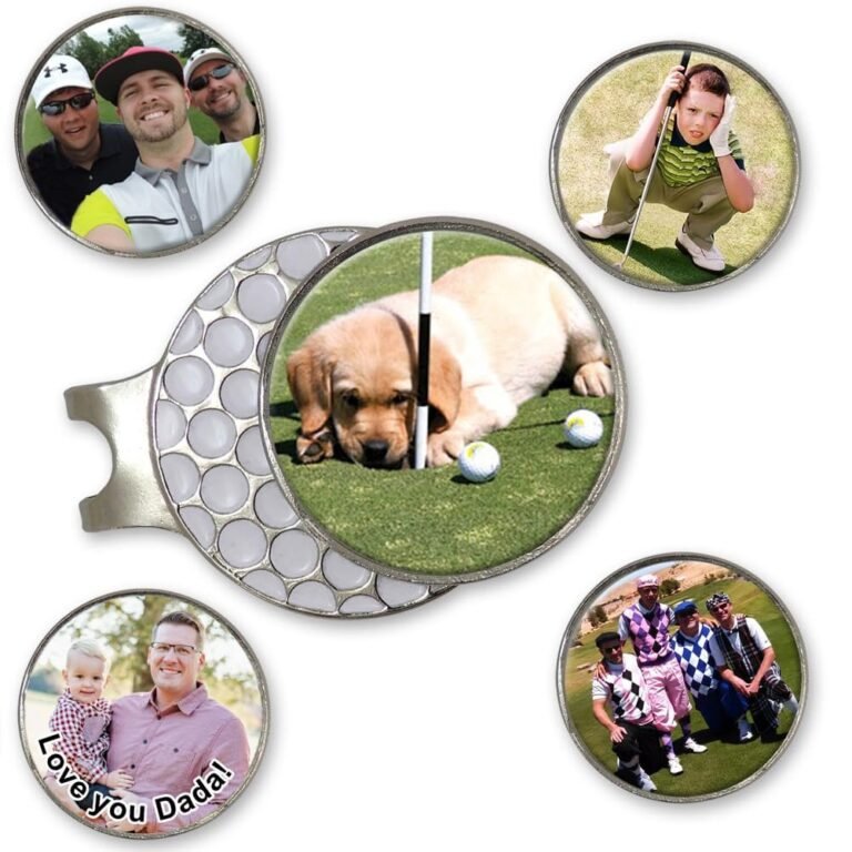 Golf ball marker with photos of people, puppy, and golf scenes