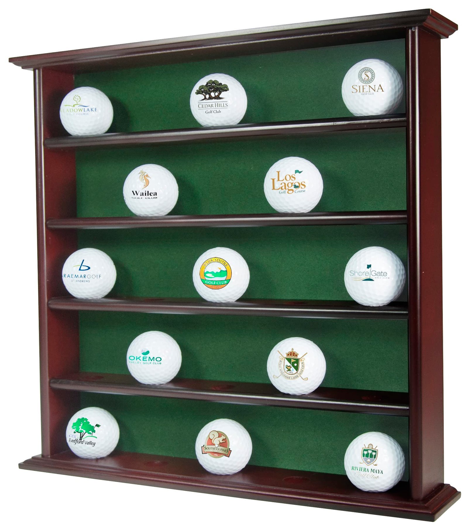 Display case with golf balls from various golf clubs