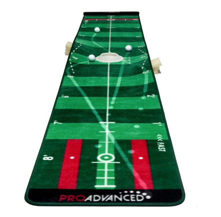Green golf putting mat with golf balls and a hole